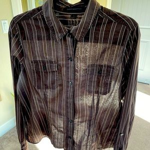 Express Brown & Cream Vertical Stripes Military Style Long Sleeve Shirt - Size L